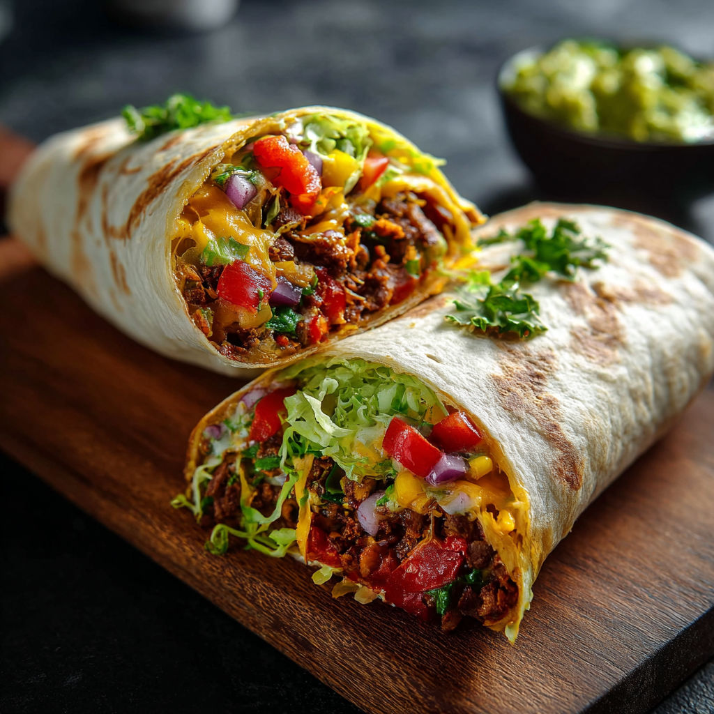 A delicious burrito is served on a wooden cutting board, topped with lettuce, tomatoes, and cheese.
