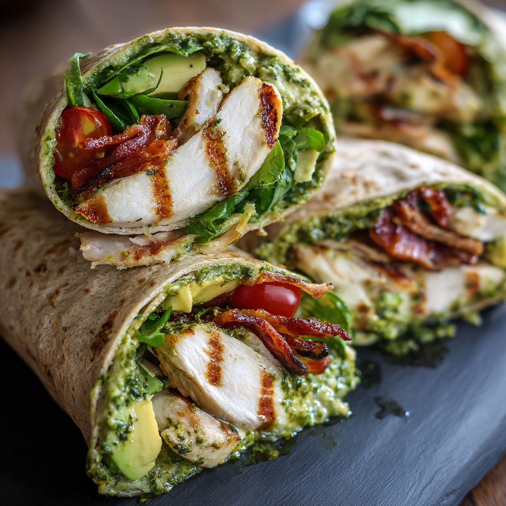 A chicken wrap with bacon and avocado is displayed on a black plate.