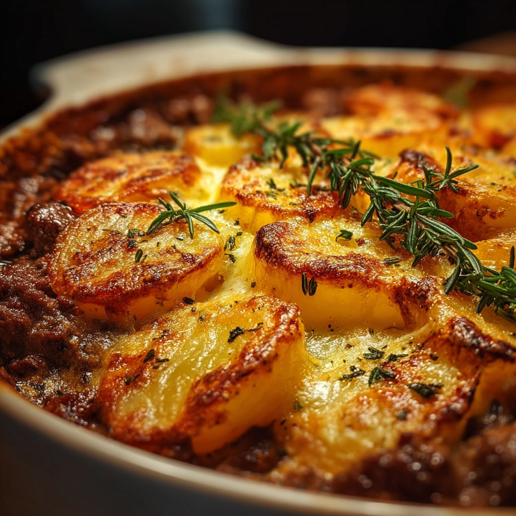 A delicious Cheesy Beef and Potato Bake, ready to be served.
