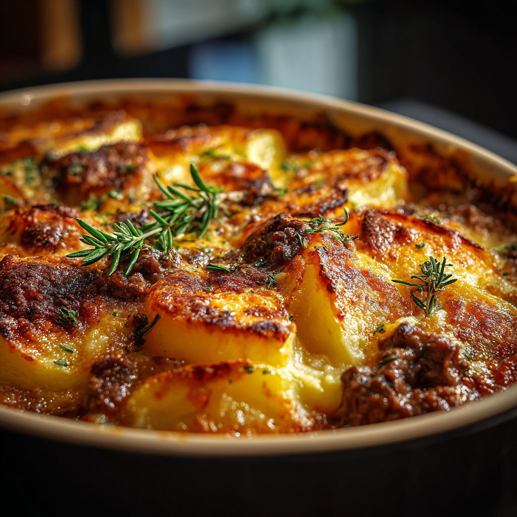 A delicious looking dish of meat and potatoes in a white bowl.