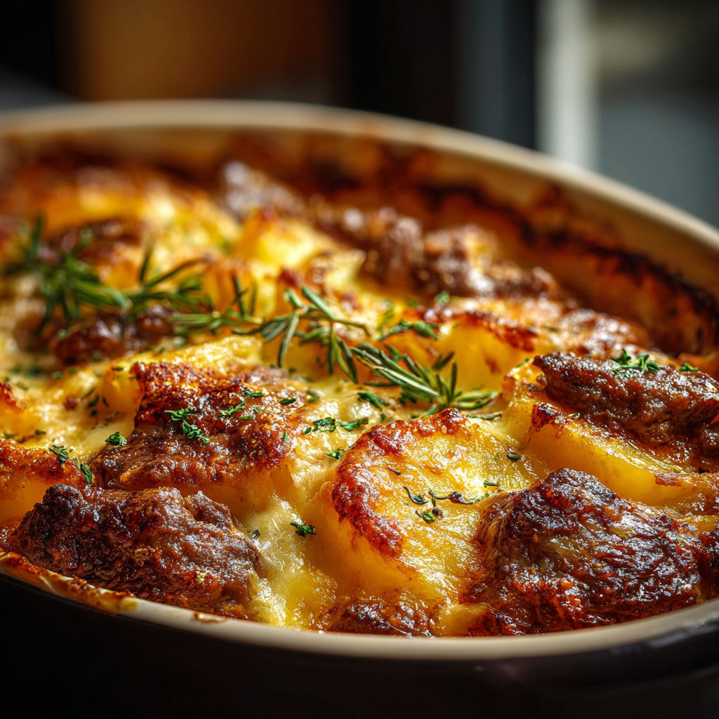 A delicious casserole dish filled with meat and potatoes, garnished with fresh herbs.