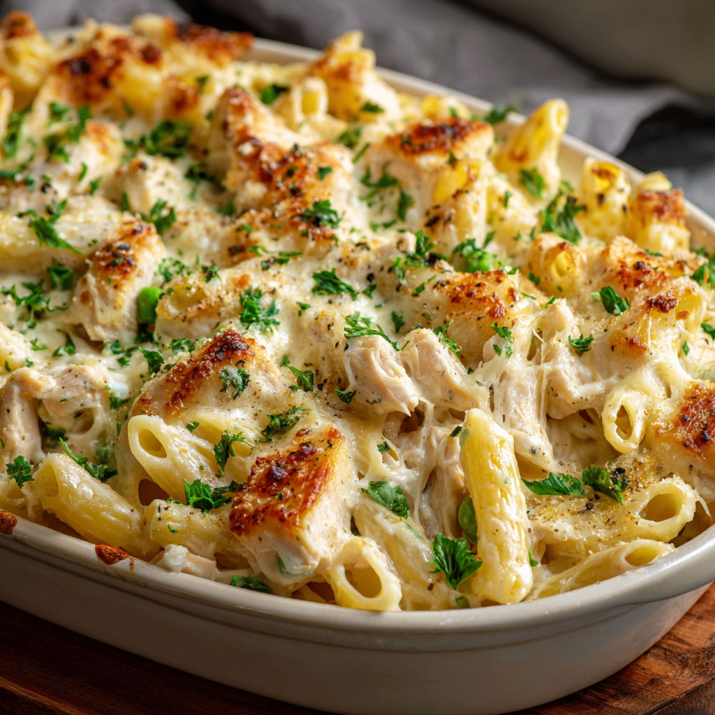A delicious Chicken Alfredo Casserole is ready to be served.