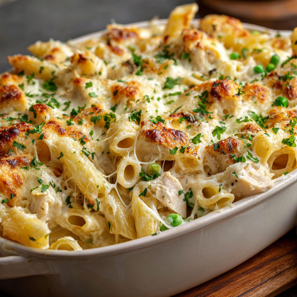 A delicious Chicken Alfredo Casserole is ready to be served.