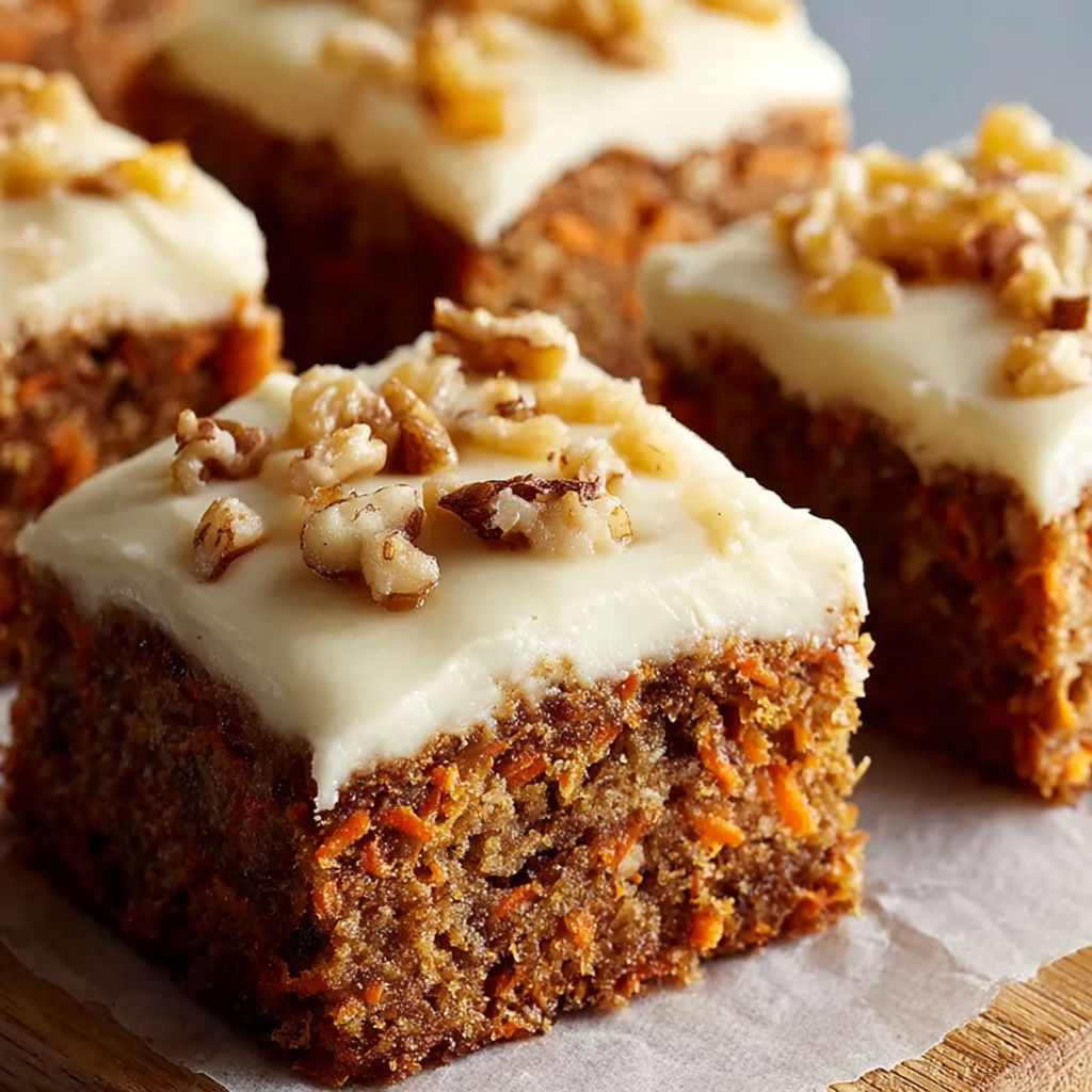 A delicious carrot cake bar with cream cheese frosting.