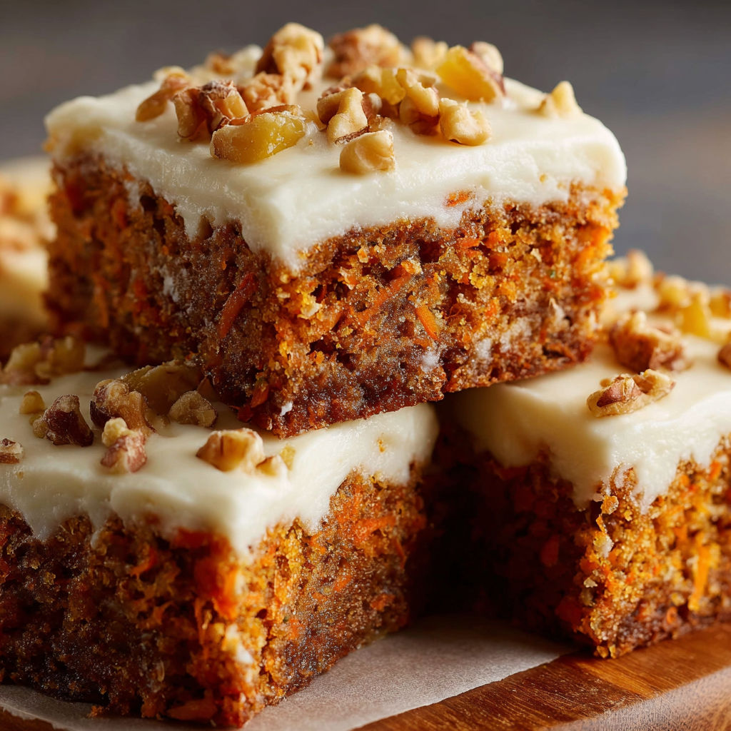 A delicious carrot cake bar with cream cheese frosting.