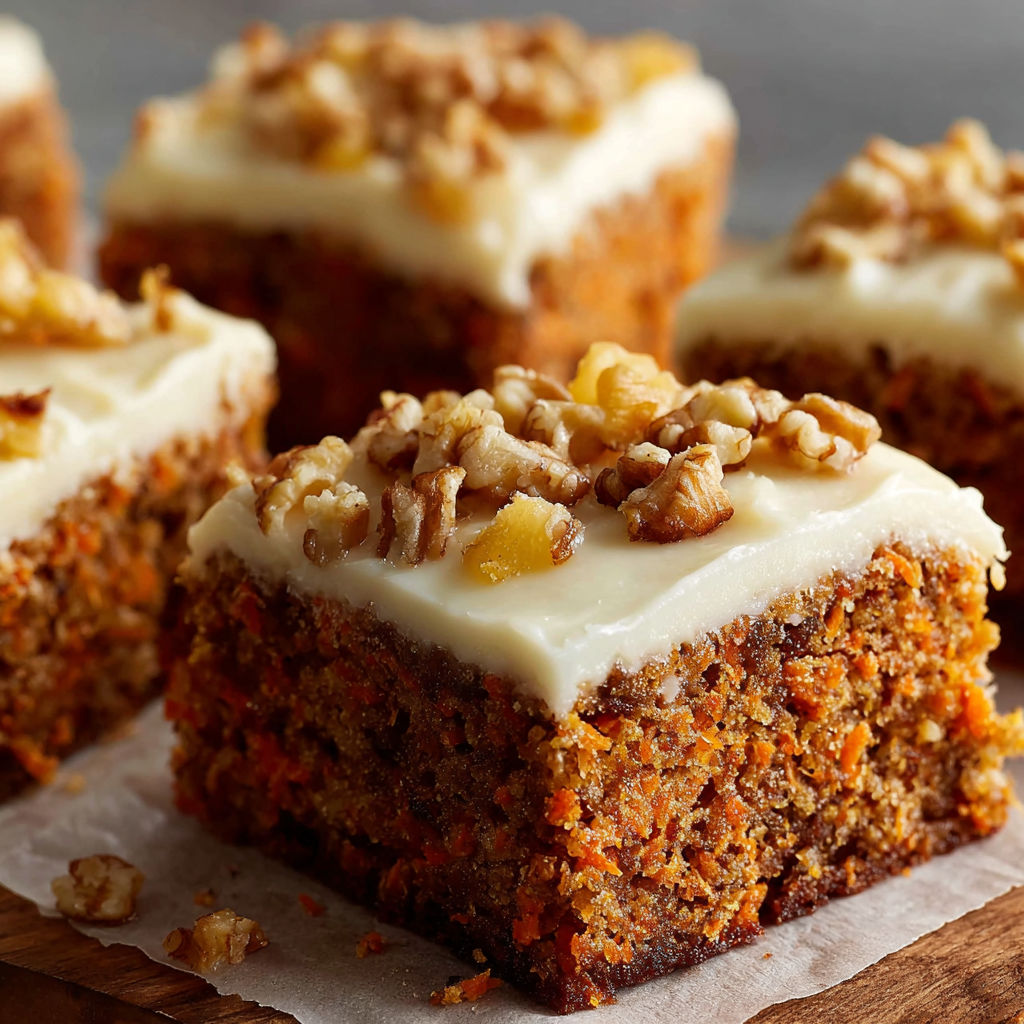 A close up of a carrot cake bar with cream cheese frosting.