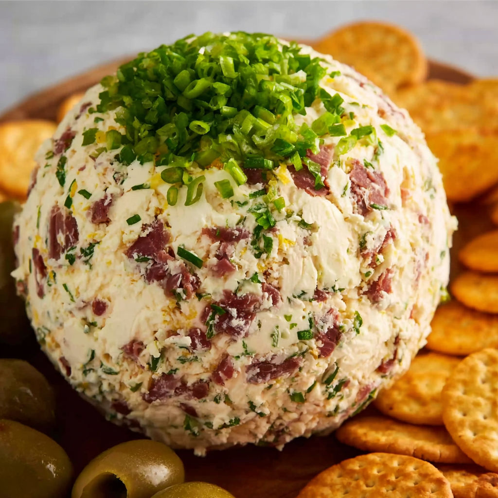 A cheese ball with a green topping sits on a wooden tray, accompanied by crackers and olives.