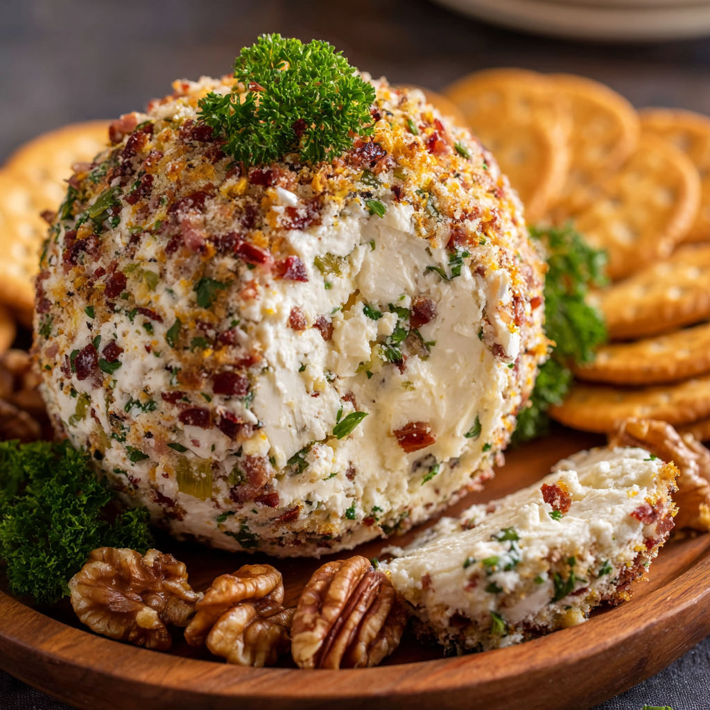 A cheese ball with a toothpick in it sits on a wooden platter with crackers and nuts.