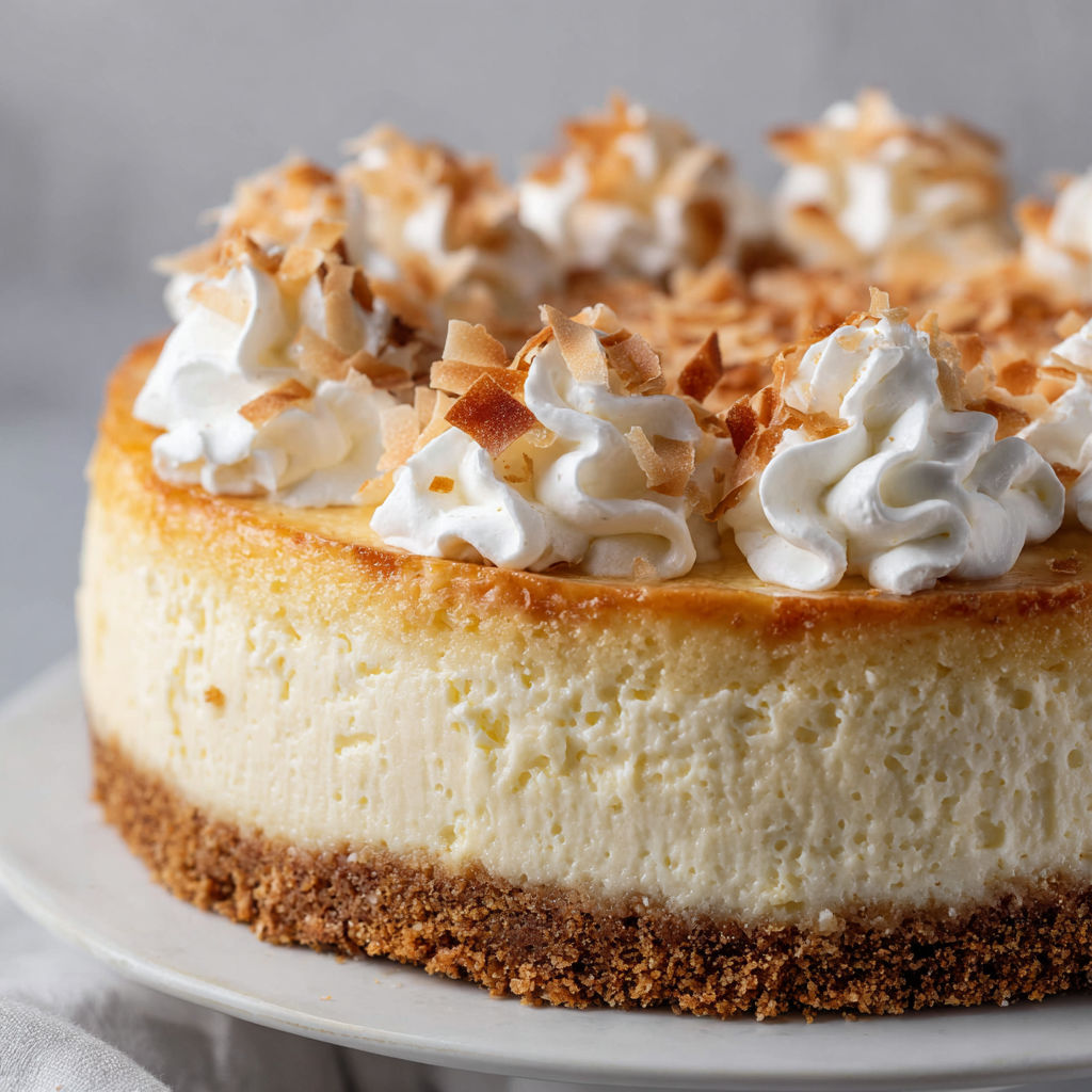 A slice of Coconut Cheesecake with white whipped cream on top.