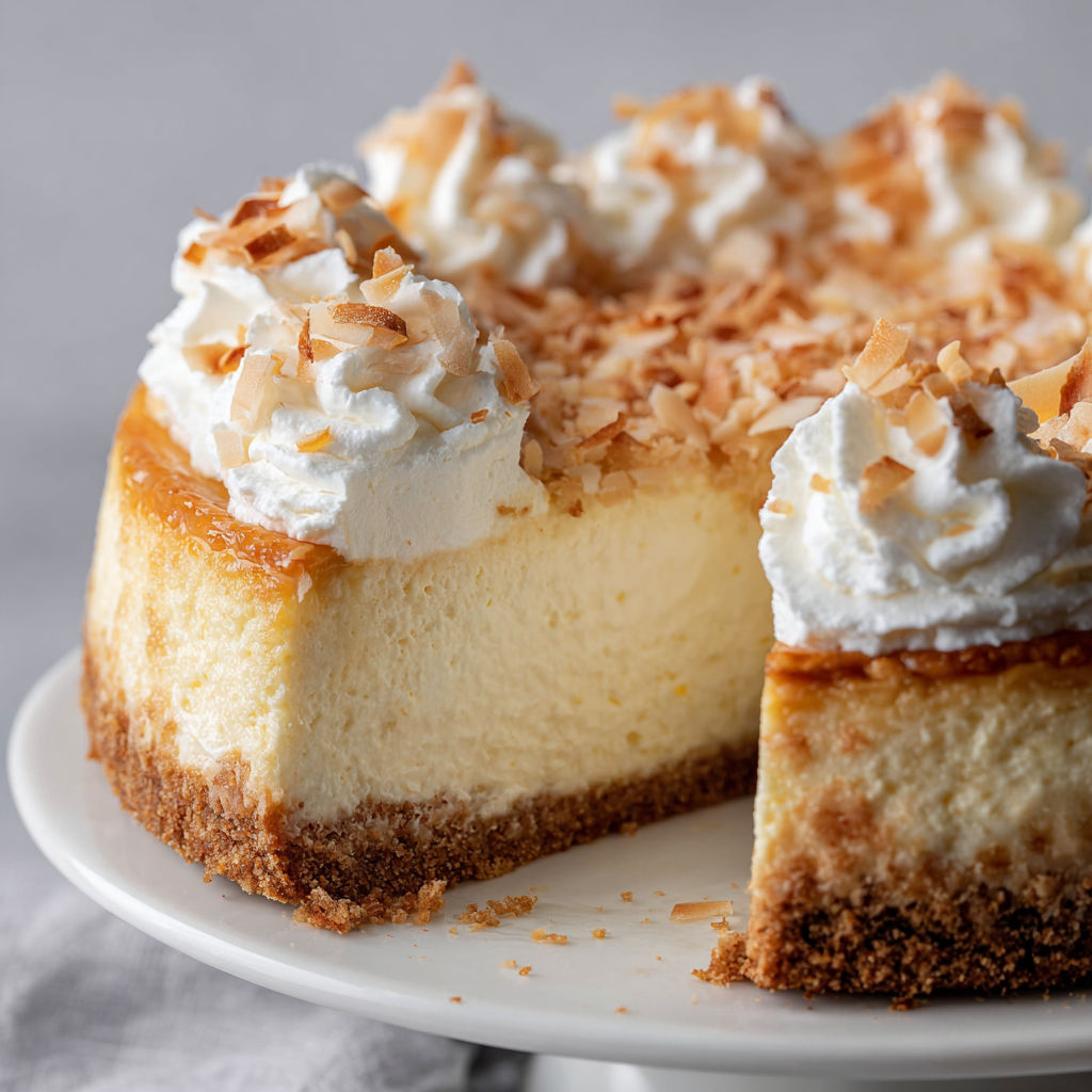 A slice of Coconut Cheesecake on a plate.