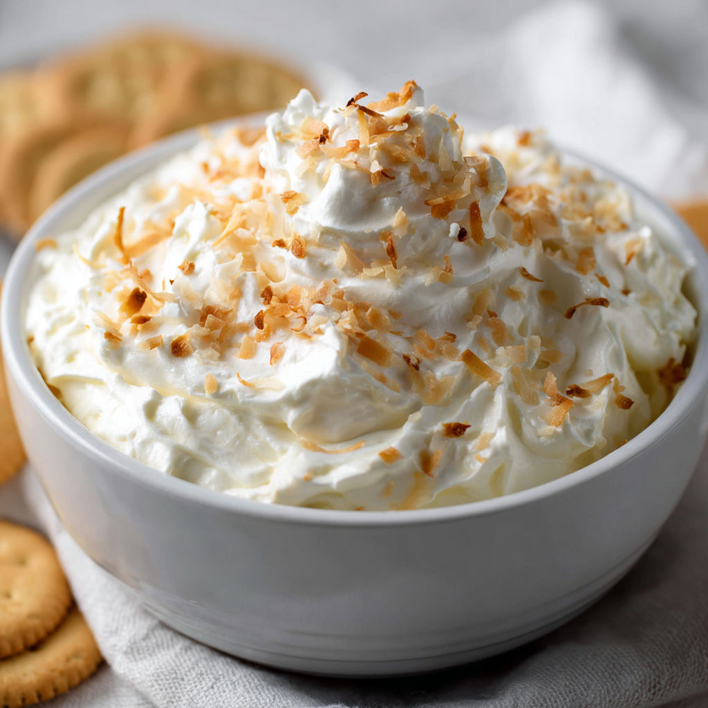 A white bowl filled with a creamy dessert topped with coconut flakes and a cookie on the side.