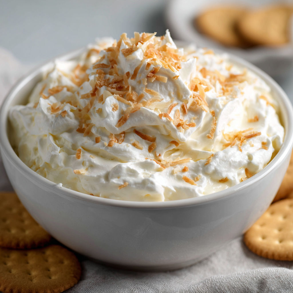 A white bowl filled with a creamy dessert topped with coconut flakes and a cookie on the side.