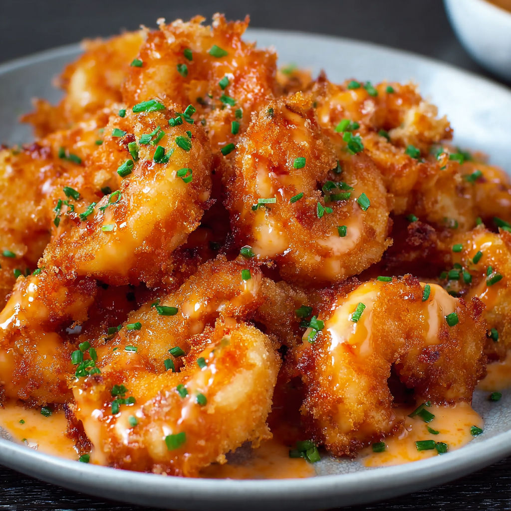 A plate of Spicy Bang Bang Shrimp with a dipping sauce.
