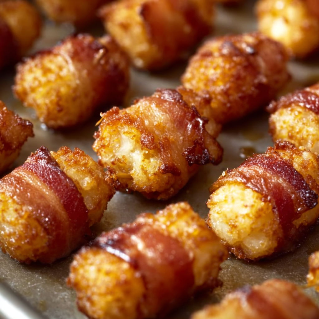 A tray of bacon-wrapped tater tots, ready to be baked.