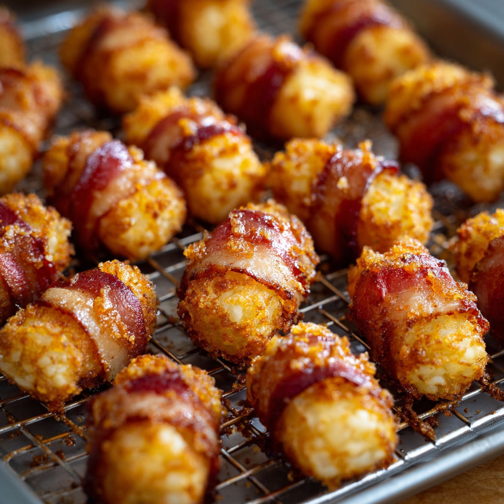 A tray of bacon wrapped appetizers, also known as bacon wrapped cheese sticks, are being cooked on a wire rack.