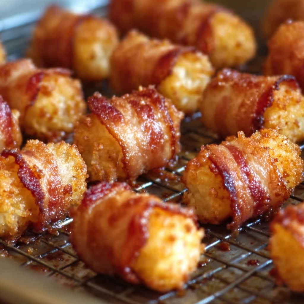 Bacon wrapped appetizers on a cooling rack.