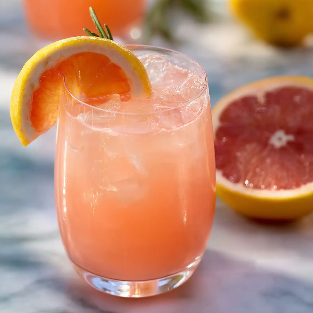A glass of pink lemonade with a slice of lemon on the rim.