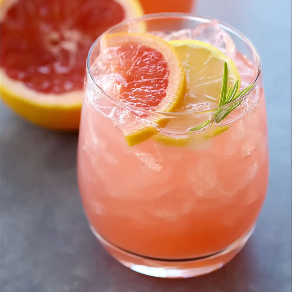 A glass of pink lemonade with a slice of lemon and a slice of grapefruit.