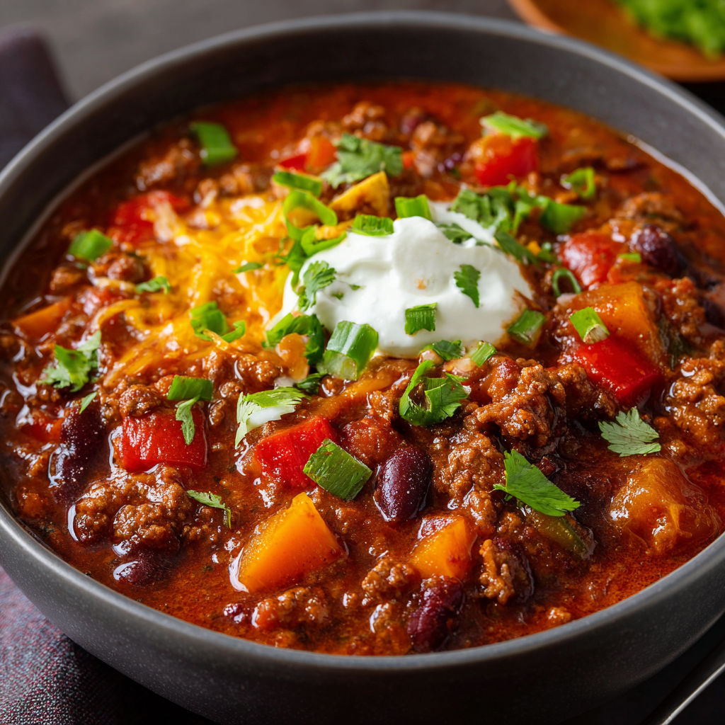 A bowl of chili with a dollop of sour cream on top.