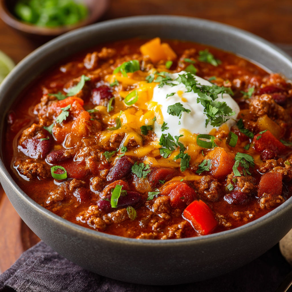 A bowl of chili with a dollop of sour cream on top.