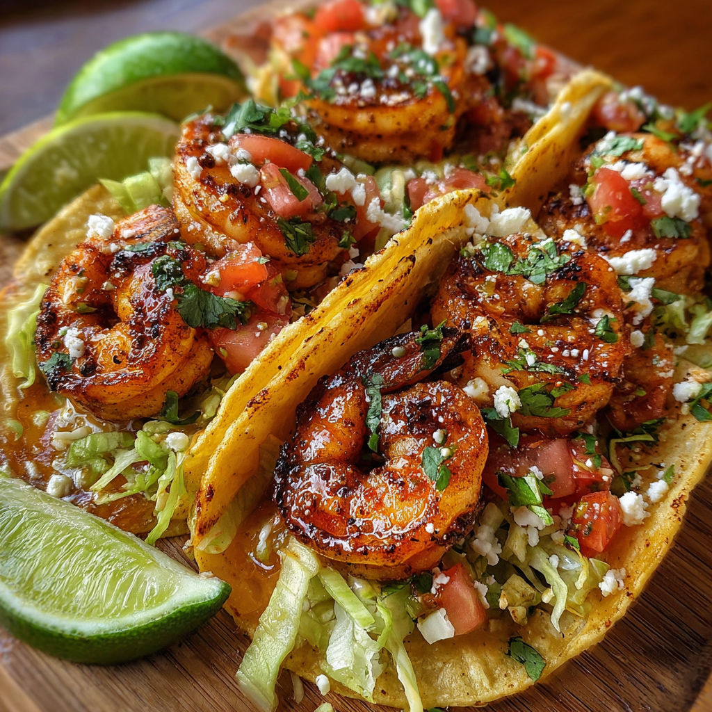 A delicious Chipotle Lime Shrimp Taco is served on a wooden platter with a side of lime wedges.