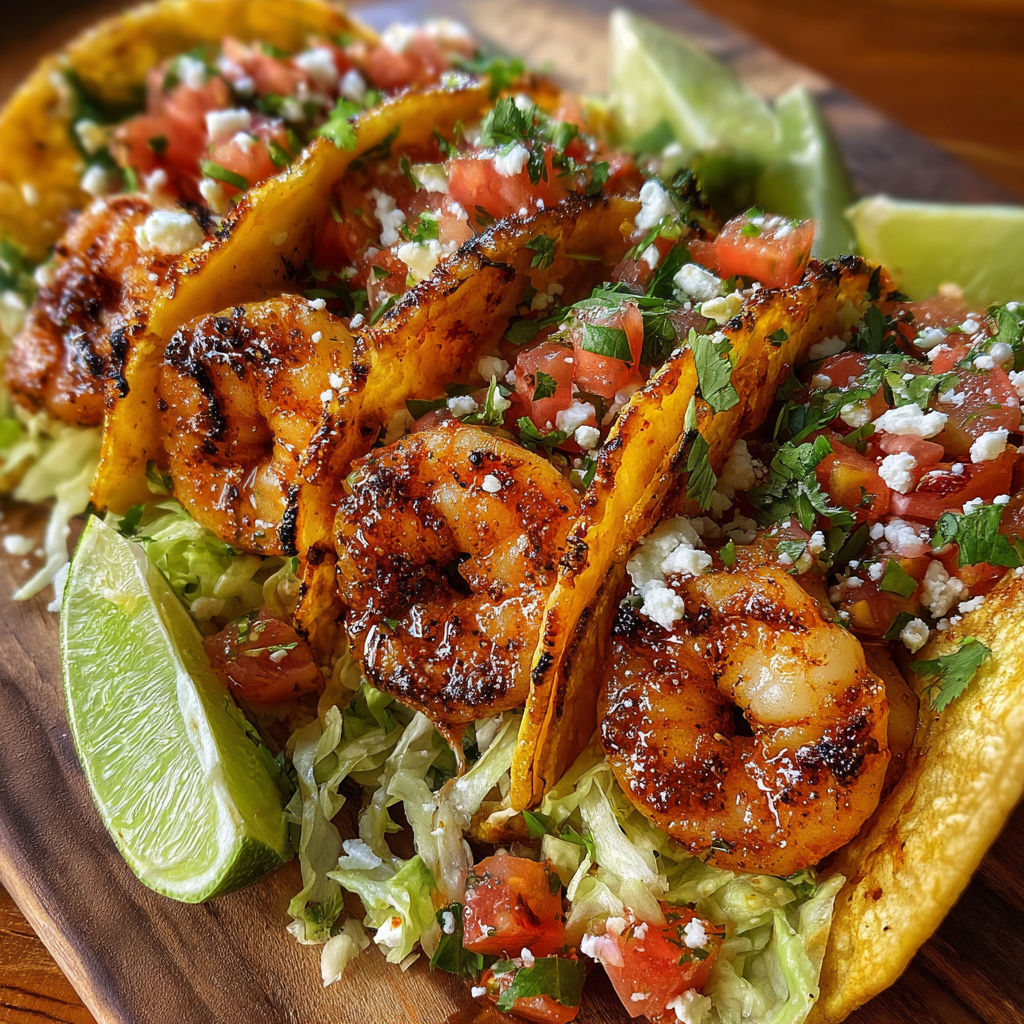 A delicious shrimp taco with lettuce, tomatoes, and cheese, served on a wooden platter.