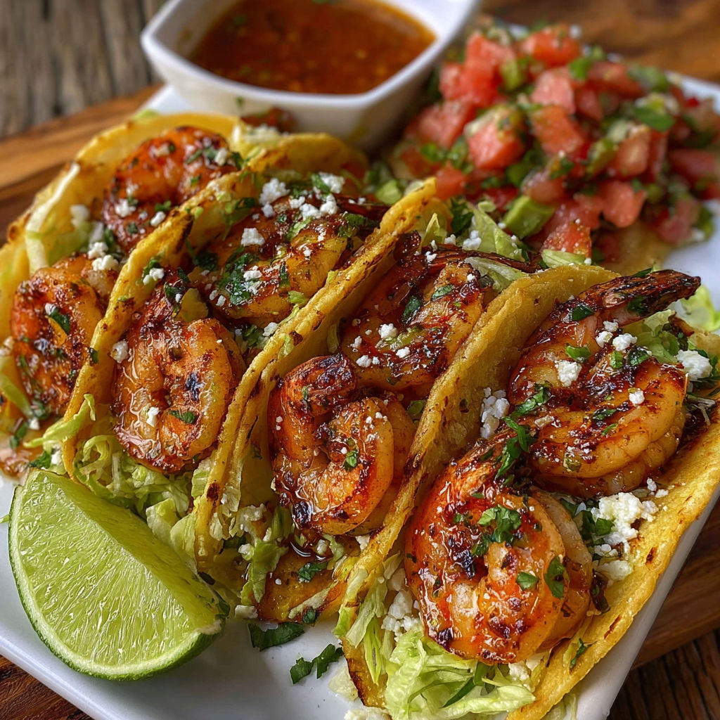 A plate of shrimp tacos with a side of pico de gallo.