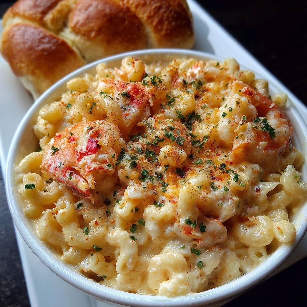 A bowl of mac and cheese with shrimp and lobster on top.