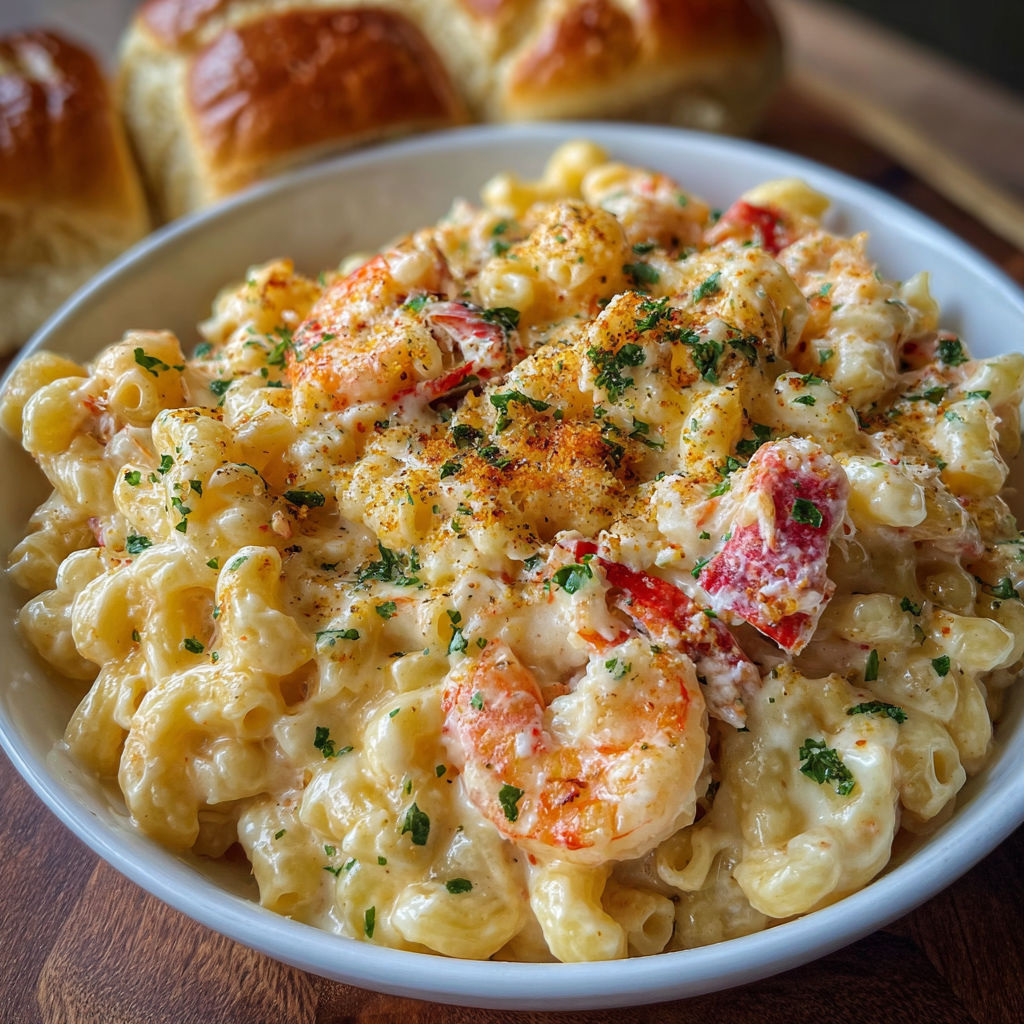 A bowl of Ultimate Lobster & Shrimp Mac and Cheese is served on a wooden table.