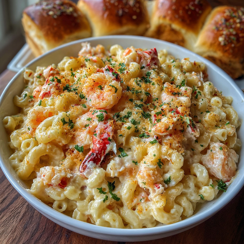 A bowl of Ultimate Lobster & Shrimp Mac and Cheese is served on a wooden table.