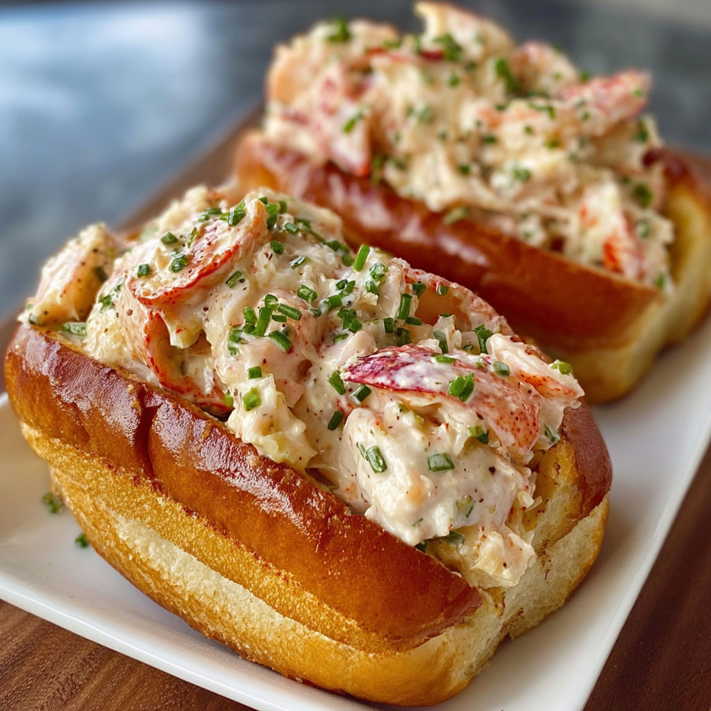 A plate with two lobster rolls, each filled with a creamy sauce and garnished with parsley.