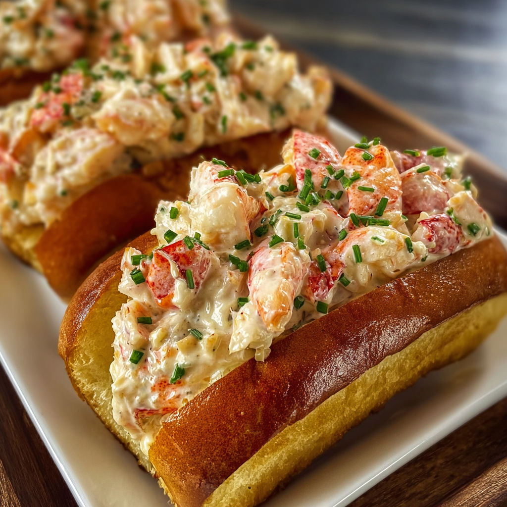 A delicious seafood sandwich with a generous amount of lobster meat and a side of green onions.