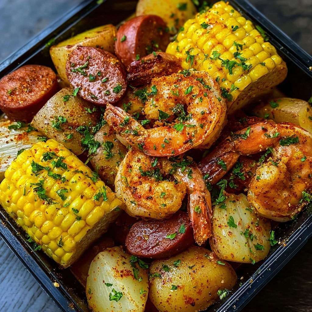 A dish of Cajun Shrimp Boil in Garlic Butter Sauce is served in a black box.