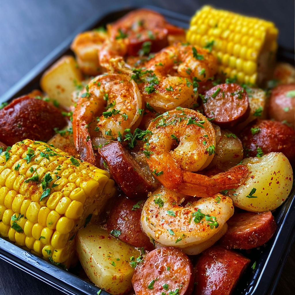 A delicious Cajun Shrimp Boil in Garlic Butter Sauce is served in a black bowl.