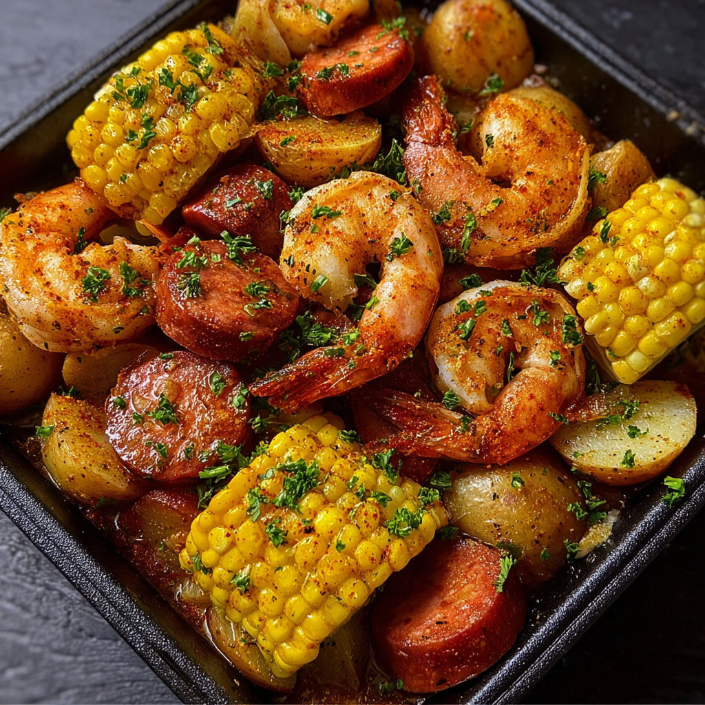 A delicious Cajun Shrimp Boil in Garlic Butter Sauce is displayed in a black dish.