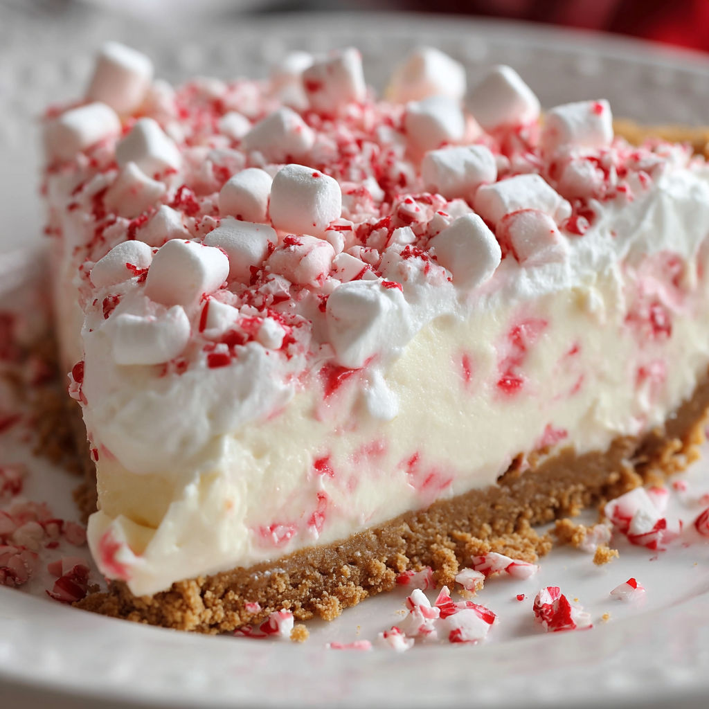 A slice of No Bake Candy Cane Pie with white whipped cream and red candy canes on top.