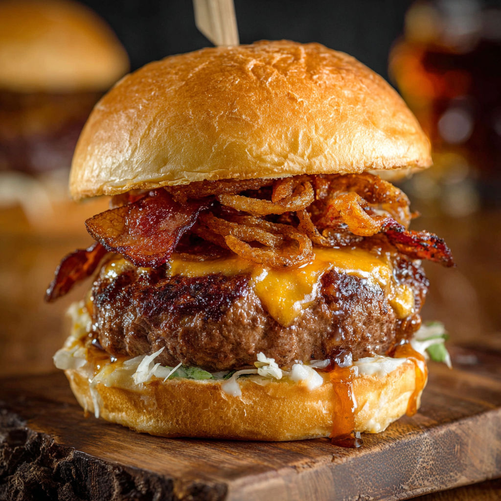 A delicious Whiskey Burger with bacon, cheese, and onions, all served on a wooden table.