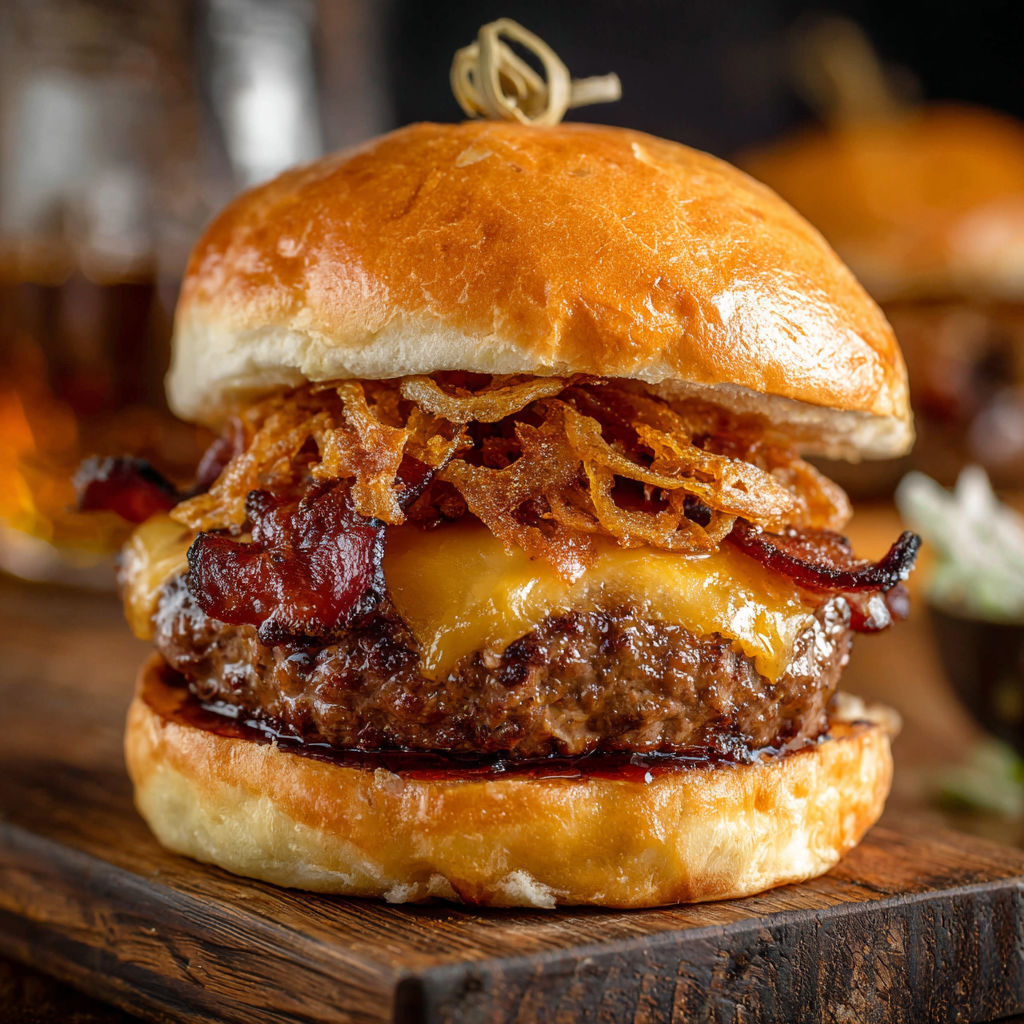 A close up of a bacon cheeseburger with onion strings on top.