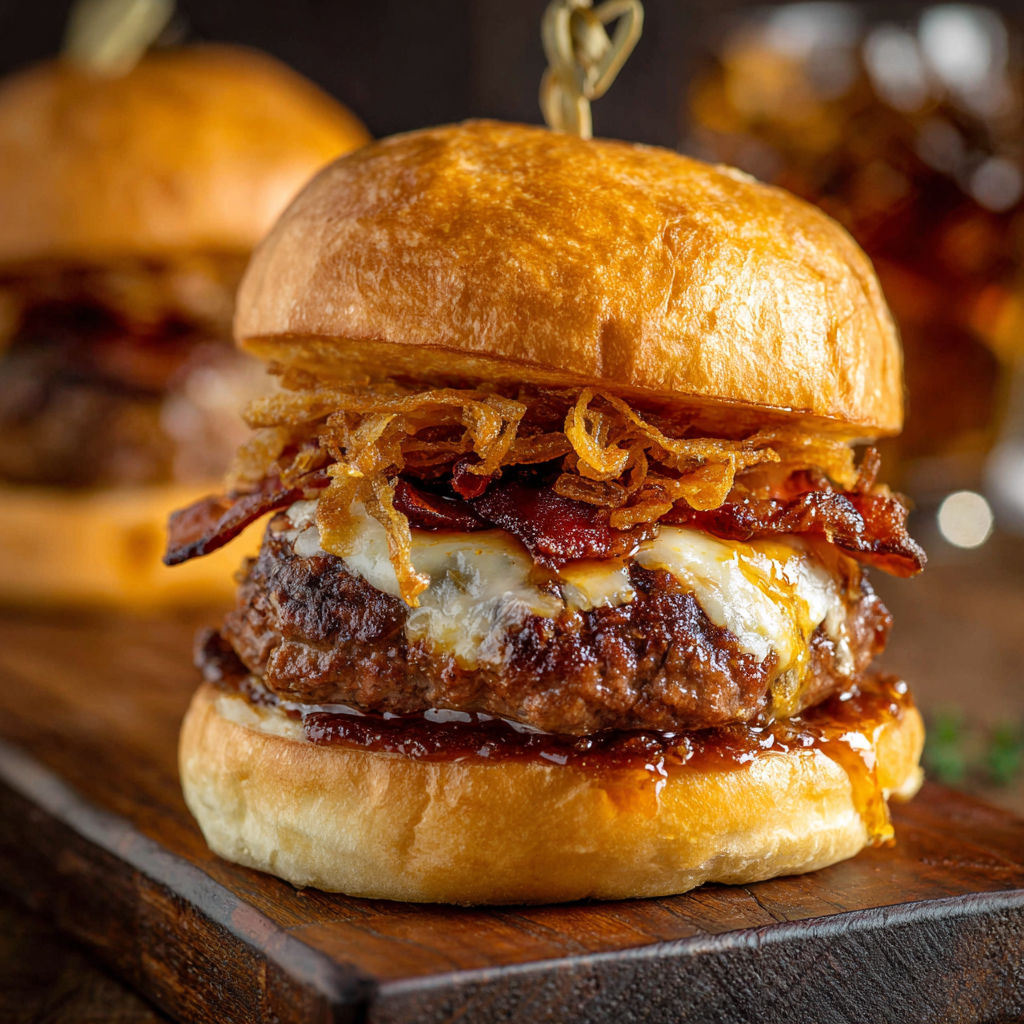 A close up of a bacon cheeseburger with onions on a bun.
