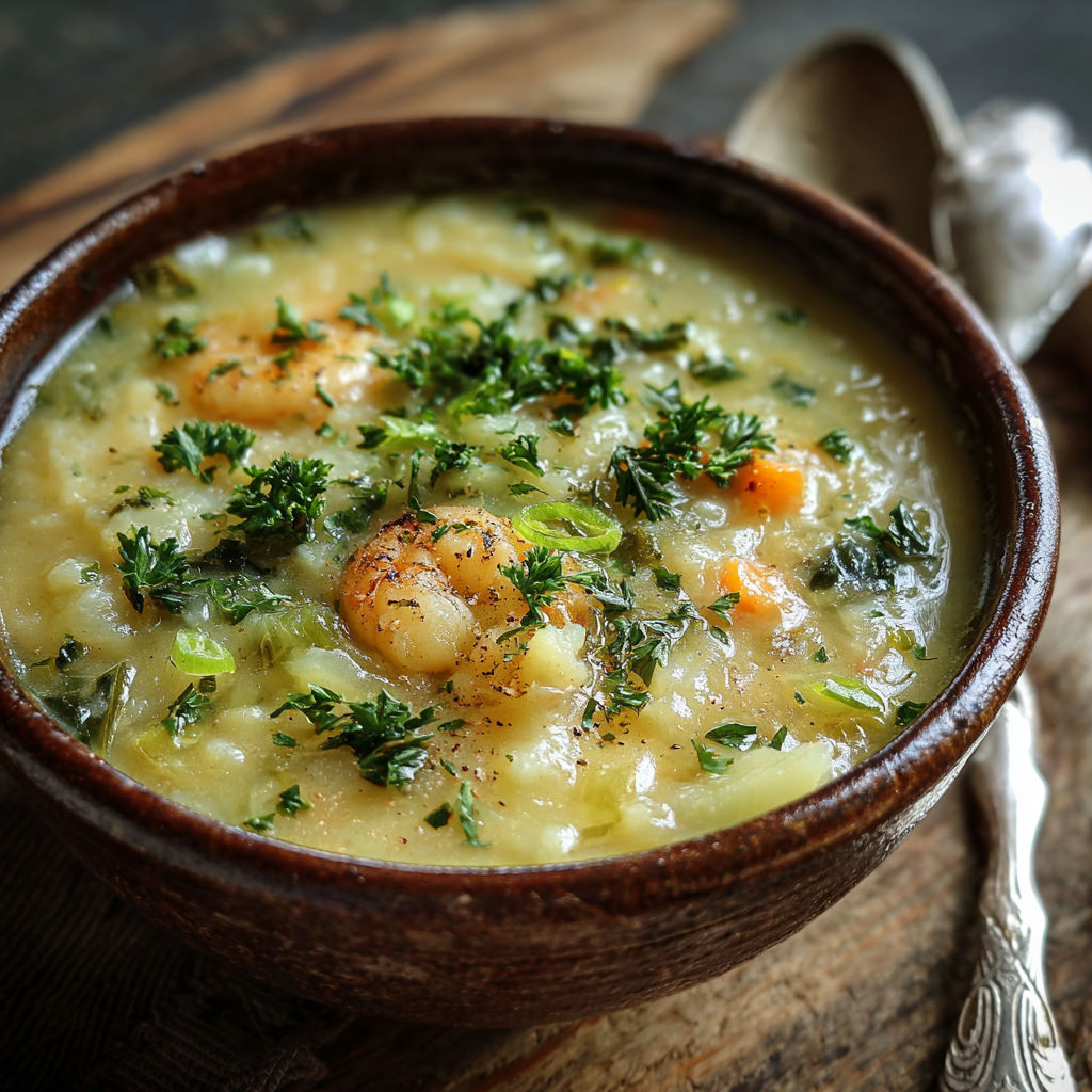 A bowl of Colcannon Soup, a flavorful and comforting recipe, is displayed on a wooden table.