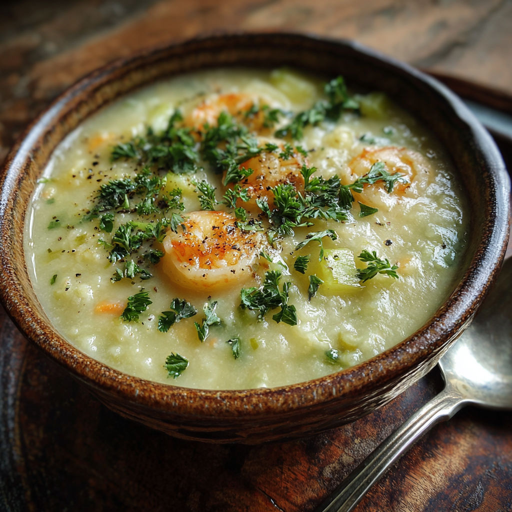 A bowl of soup with shrimp and vegetables, including broccoli and carrots, sits on a wooden table.