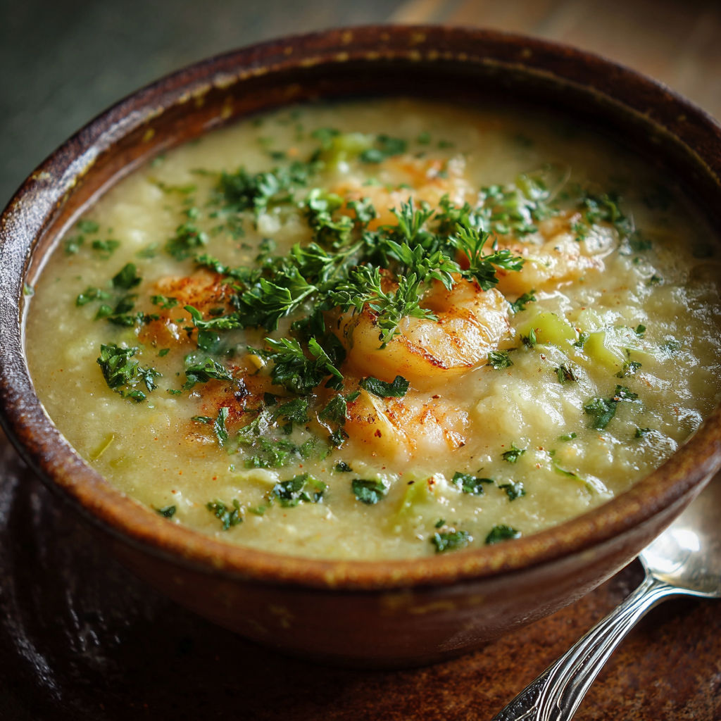A bowl of gumbo soup with shrimp and herbs.