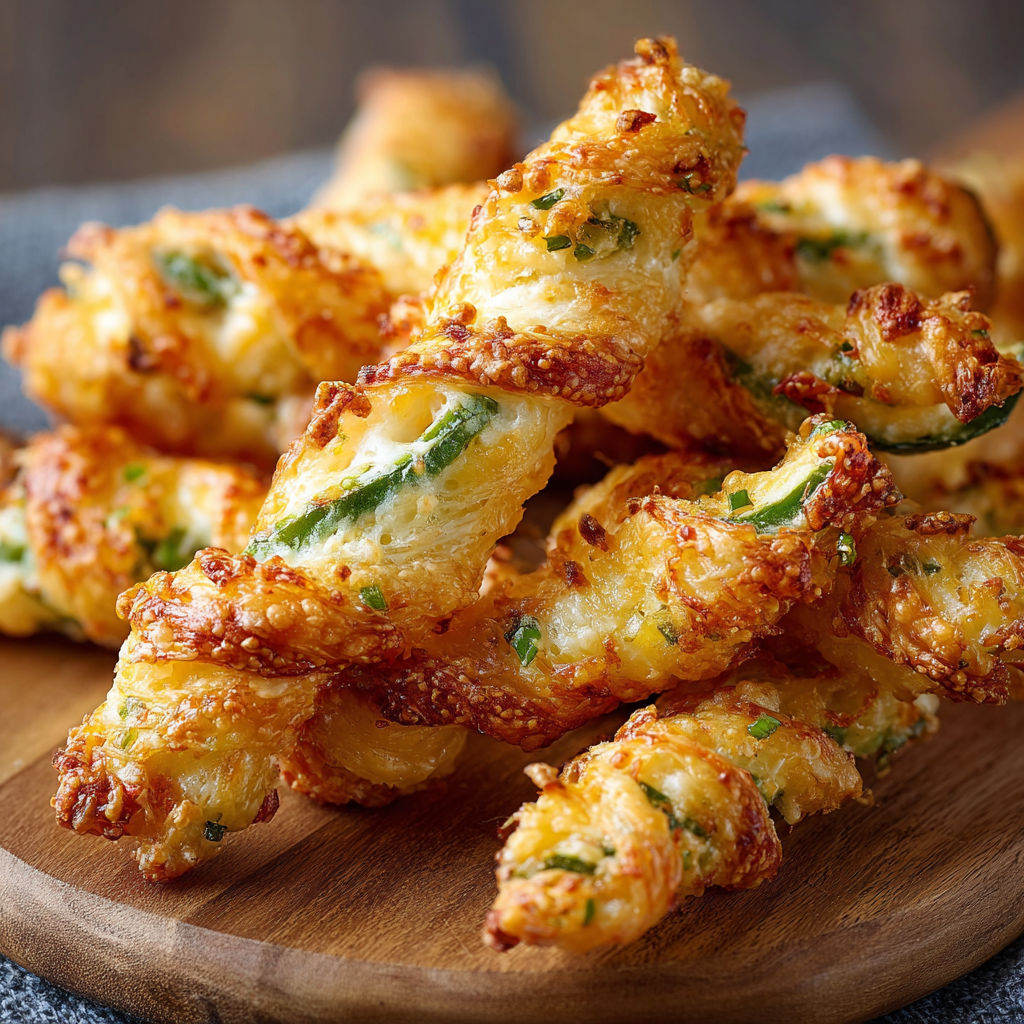 A wooden cutting board holds a delicious assortment of cheese-stuffed breadsticks.