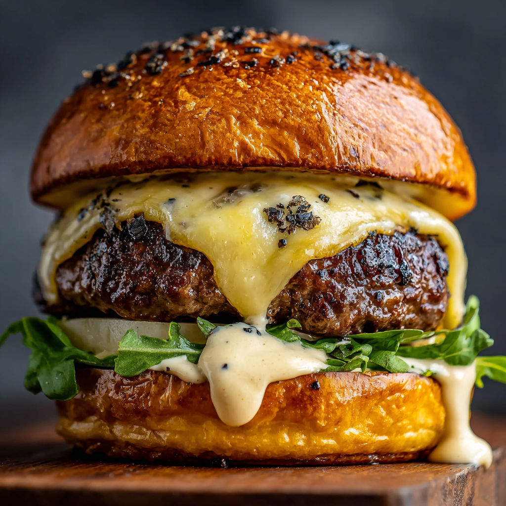 A close up of a burger with cheese and sauce on a bun.