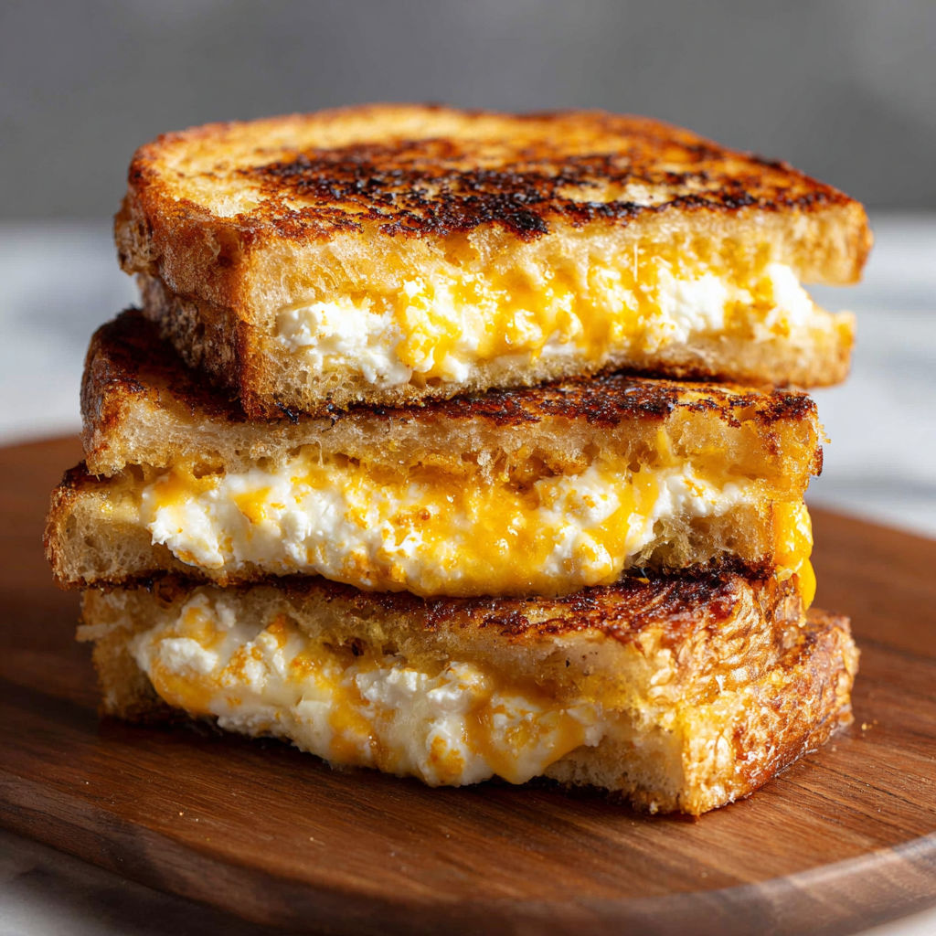 A stack of grilled cheese sandwiches with a yellow sauce on top.