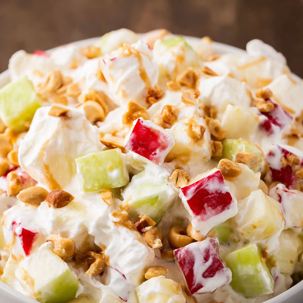 A bowl of Taffy Apple Salad, topped with walnuts and a drizzle of caramel, is ready to be enjoyed.