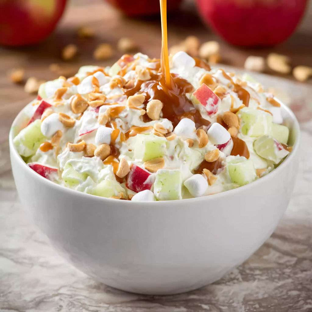 A bowl of fruit salad with a drizzle of caramel sauce on top.