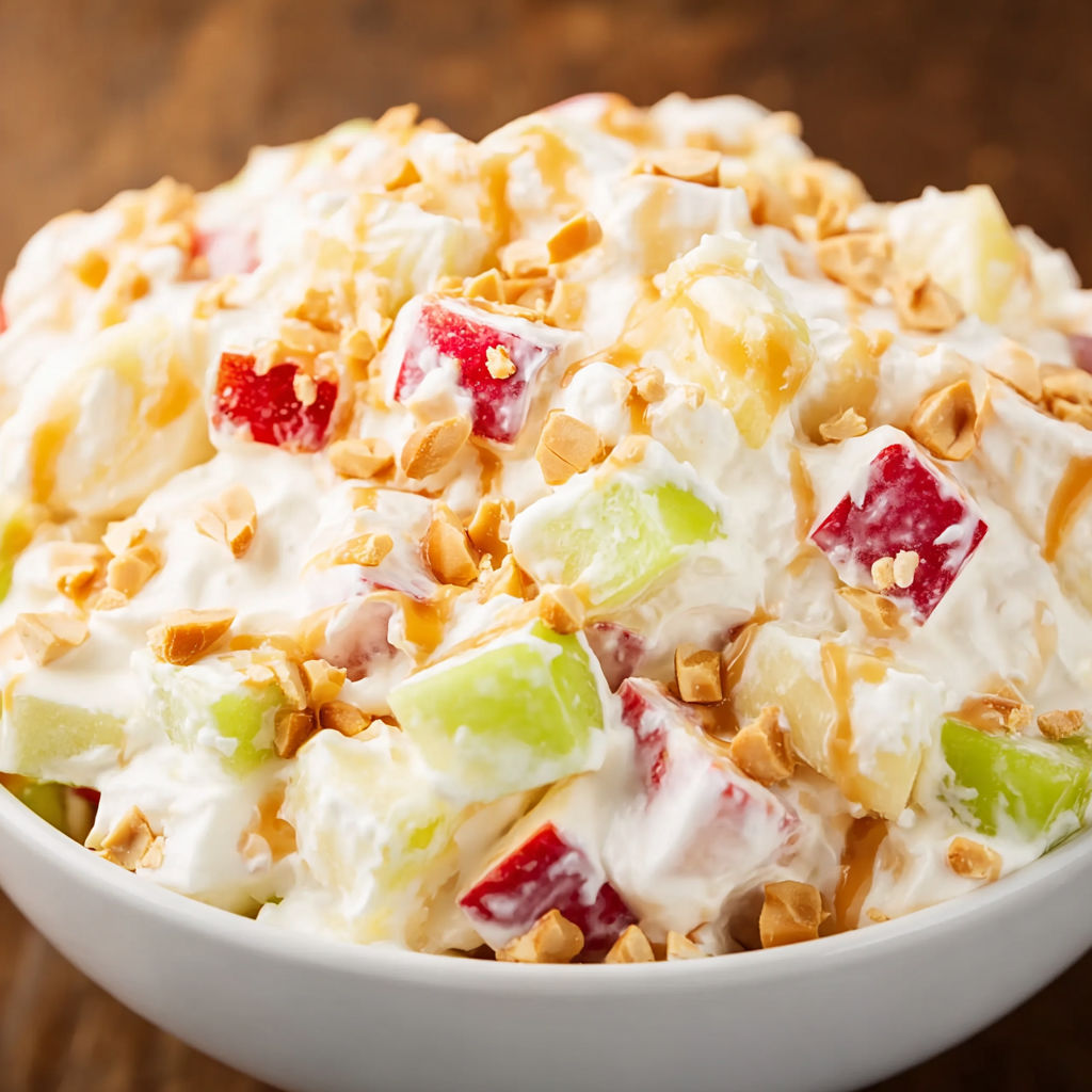A bowl of fruit salad with nuts and whipped cream.