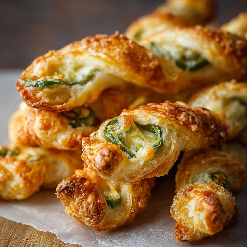 A close up of a delicious pastry with a green pepper filling, ready to be enjoyed.