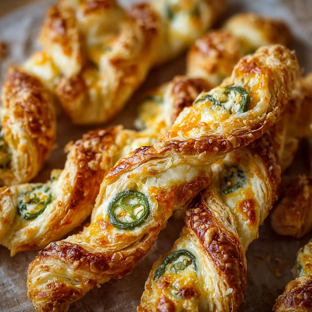 A close up of a delicious pastry filled with cheese and jalapenos.
